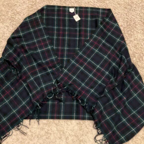 J.Crew plaid cape scarf. Color: Navy, Green, Red. Item # H0130.  80"H x 27.5"W. - Picture 3 of 10